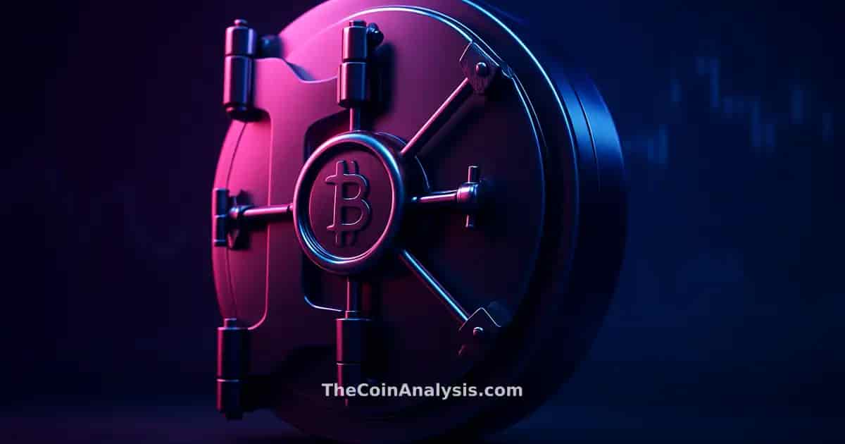 3D stylized glossy vault door with crypto token glyph, illuminated by dramatic midnight blue and magenta lighting