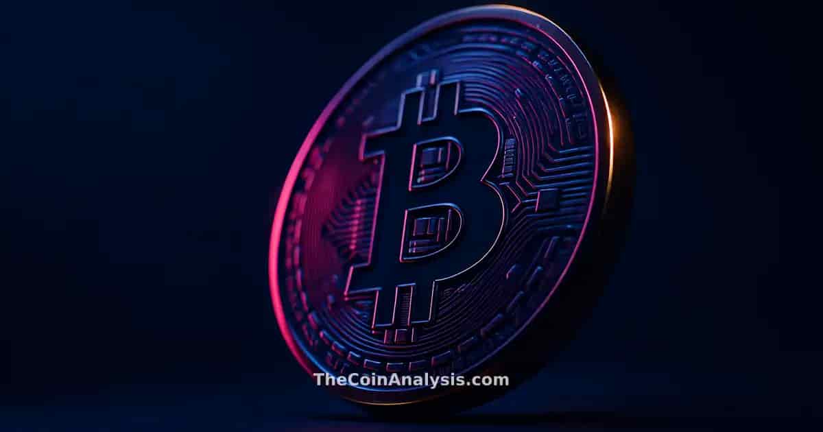 3D glossy Bitcoin coin with golden rim lighting against deep navy background, dramatic low-angle lighting, soft bokeh.