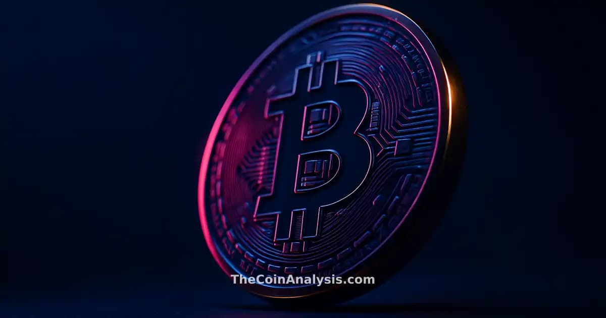 3D glossy Bitcoin coin with golden rim lighting against deep navy background, dramatic low-angle lighting, soft bokeh.