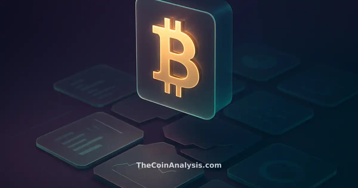 Symbole Bitcoin doré flottant au-dessus de blocs blockchain fracturés sur fond bleu nuit profond.