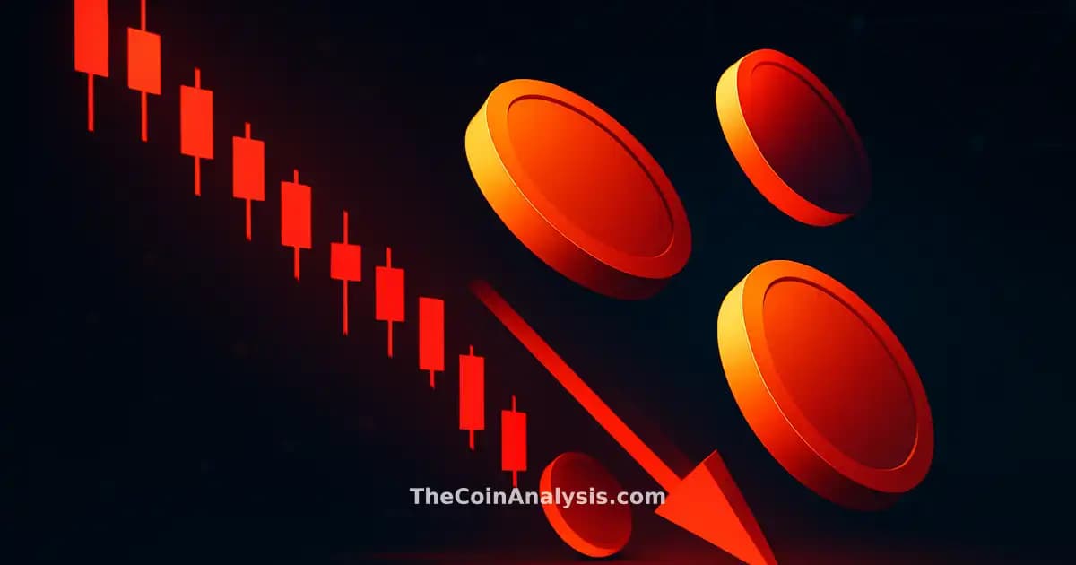Abstract Bitcoin coins and red candlestick chart plunging against a dark digital network background with dramatic lighting