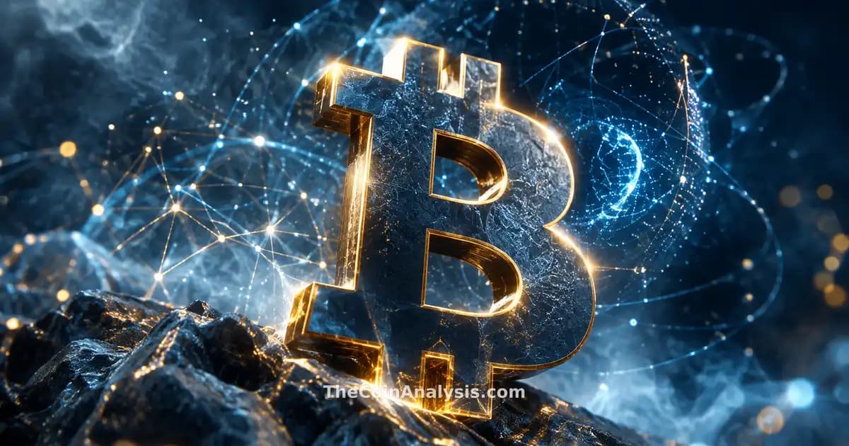 Stylized Bitcoin symbol with golden rim light amid glowing network filaments and quantum-inspired patterns on navy background