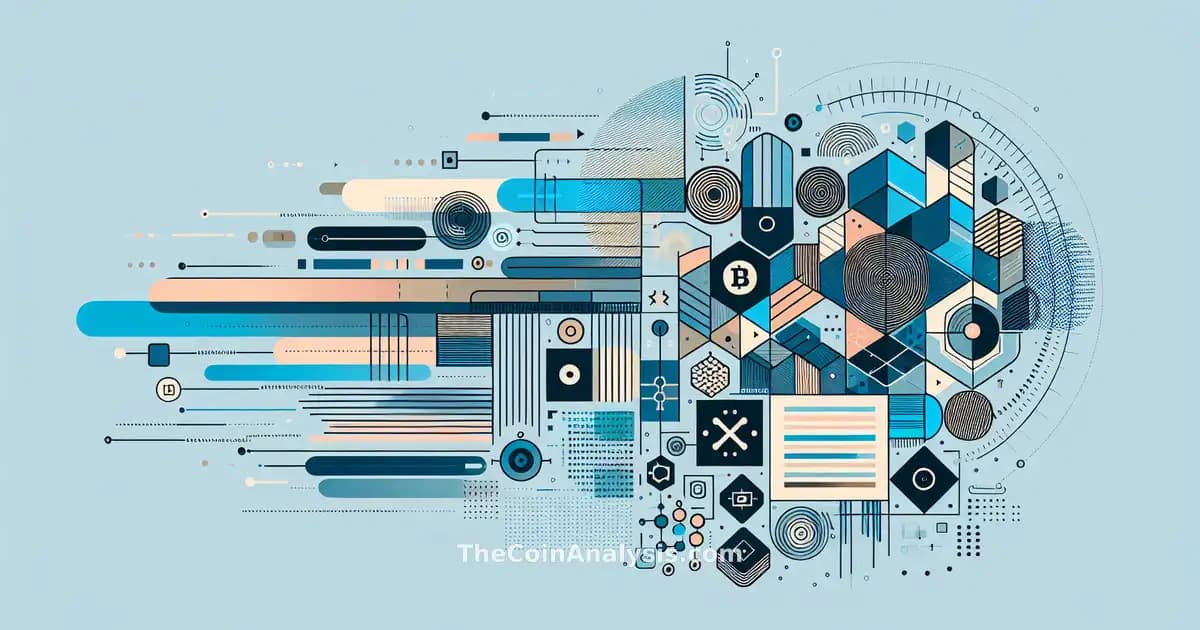 Formes géométriques bleues interconnectées symbolisant transactions numériques et croissance dans le secteur crypto.