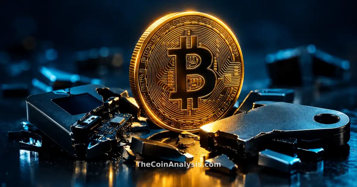 Stylized golden Bitcoin coin illuminated by rim light amid shattered hardware wallet pieces on dark navy background