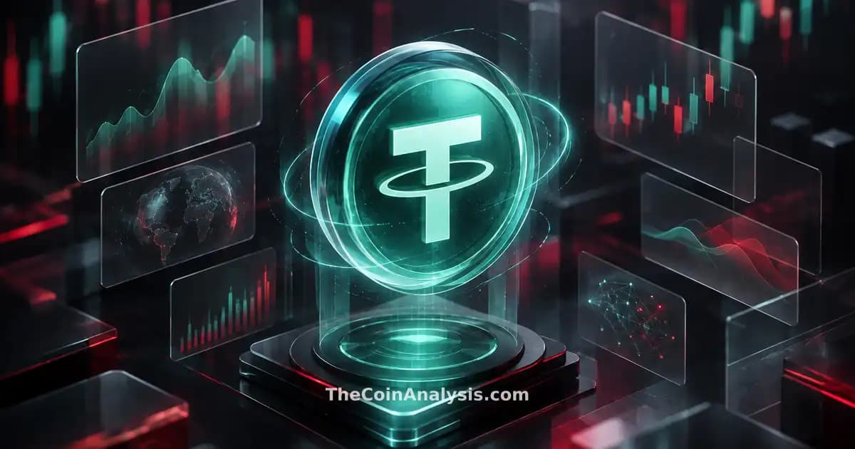 Isometric data visualization with glowing stylized Tether token and holographic panels in charcoal and crimson tones