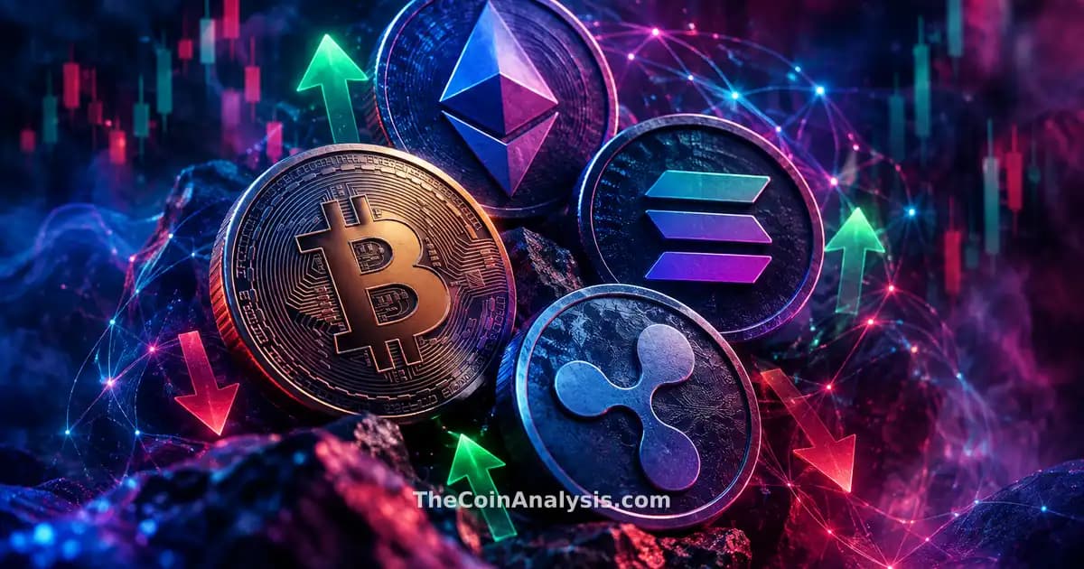 Four stylized cryptocurrency tokens intertwined with green upward and red downward arrows against a smoky, glowing network background