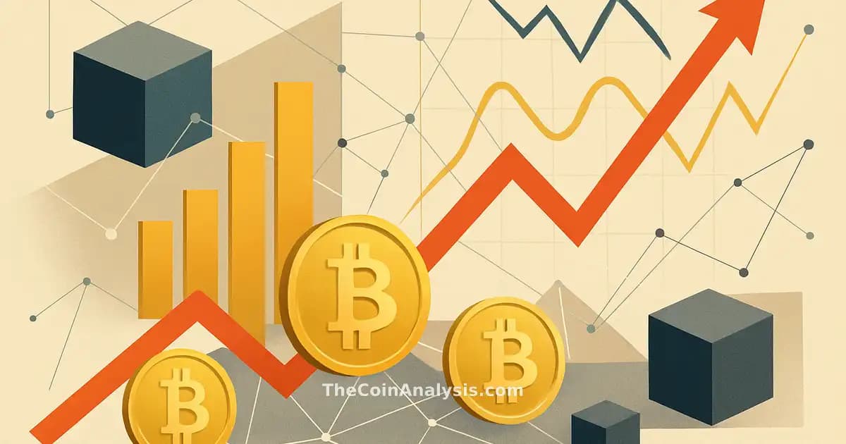 Composition géométrique abstraite avec pièces dorées, graphiques dynamiques et lignes de réseau symbolisant Bitcoin.