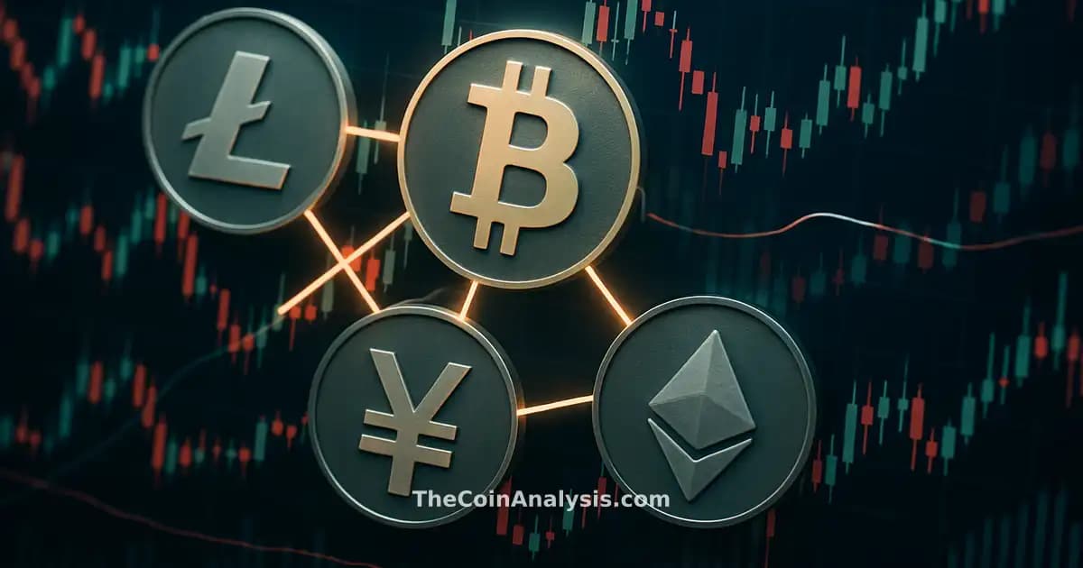 Stylized digital coins linked with ascending stock charts on a dark background symbolizing financial reform.
