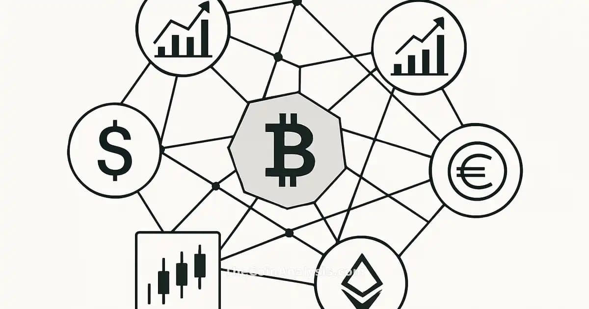 Abstract blockchain network connecting stock market icons and digital coins with clean lines on white background