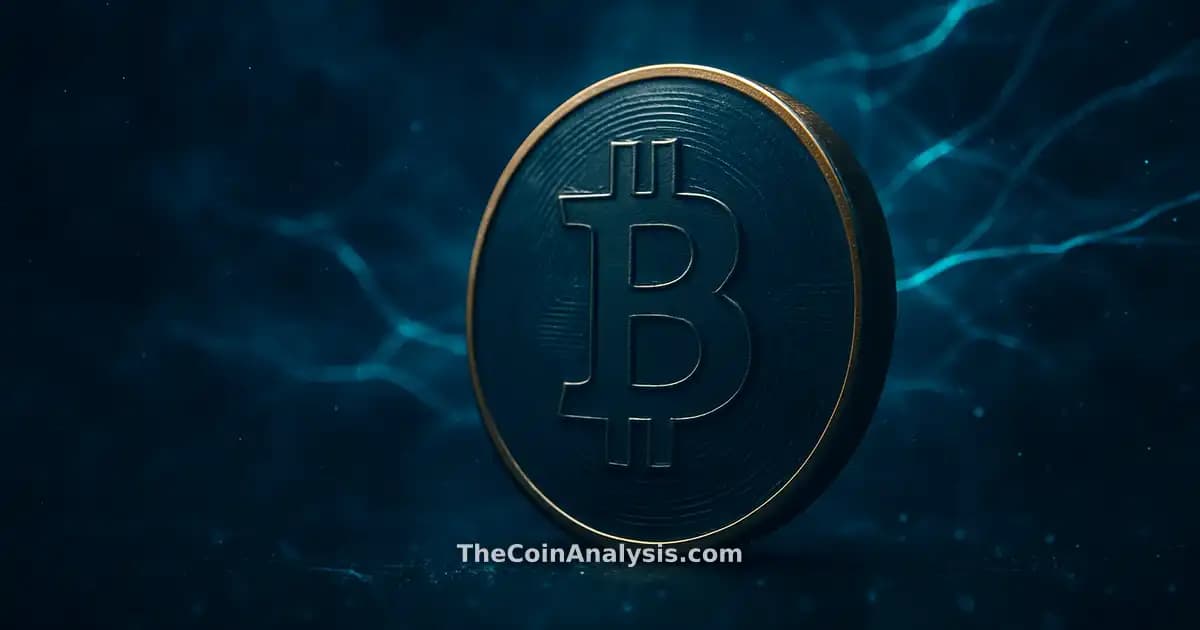 Stylized metallic Bitcoin coin with golden rim light against deep navy background and glowing electric teal filaments