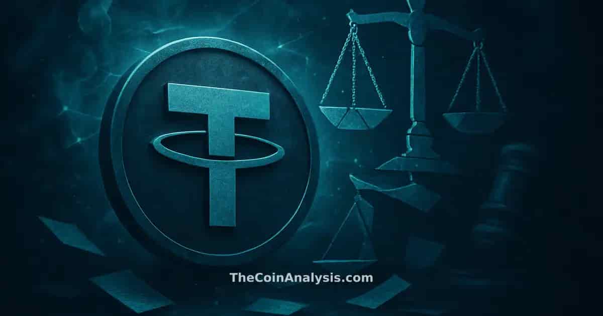 Stylized Tether symbol amid glowing network filaments, fragmented scales of justice, translucent gavel, and floating documents.