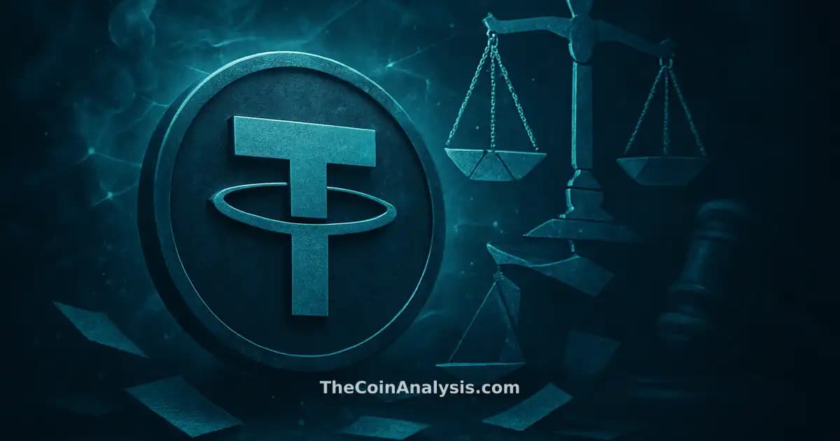Stylized Tether symbol amid glowing network filaments, fragmented scales of justice, translucent gavel, and floating documents.