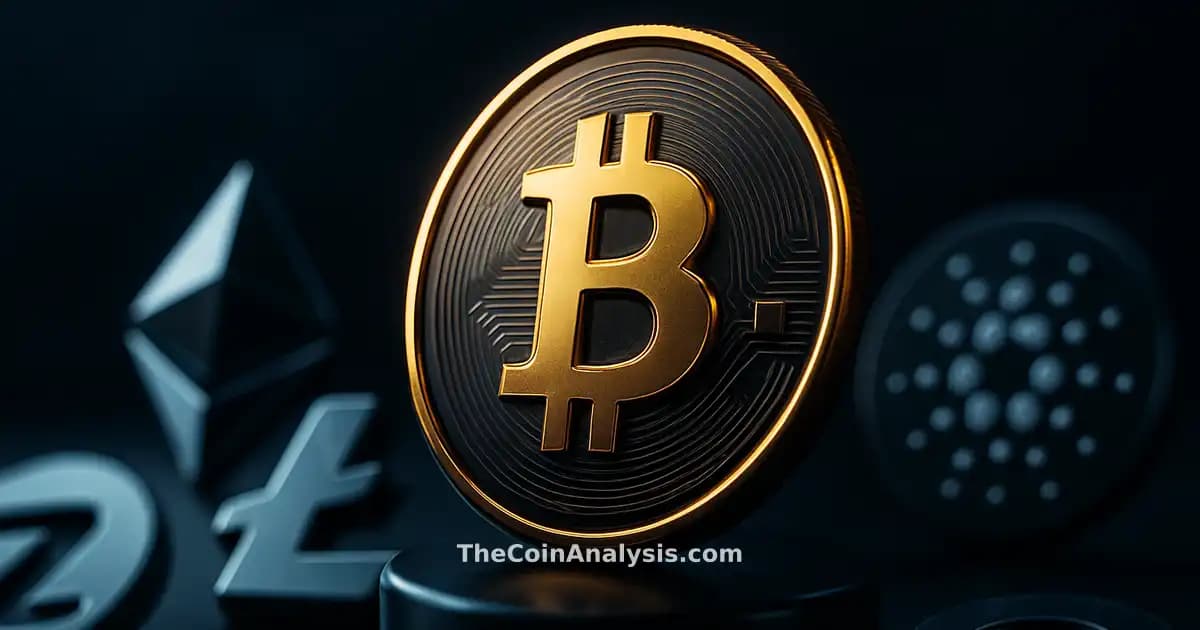 Stylized 3D Bitcoin coin with golden rim light against deep navy and icy blue background with soft bokeh effects