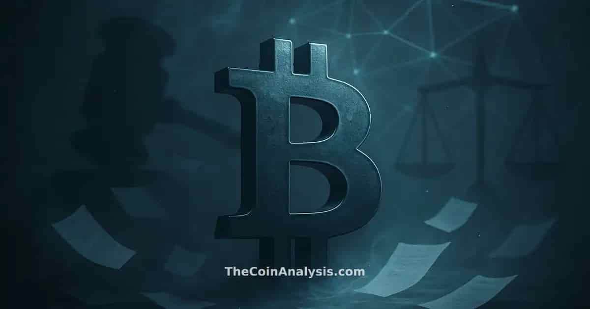 Stylized Bitcoin glowing blue with abstract gavel, scales of justice, and floating fragmented documents in grey-blue tones