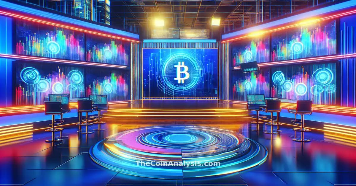 Professional news studio with digital screens showing cryptocurrency charts and the Coinbase logo.