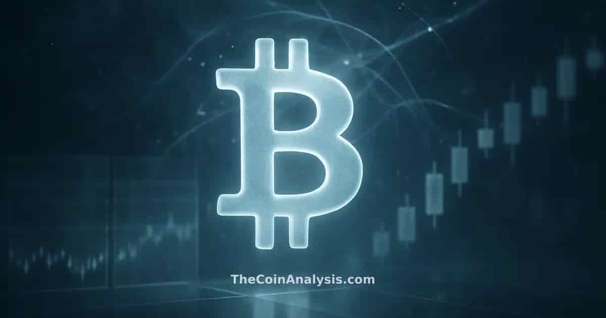 Stylized glowing Bitcoin symbol amid frosted glass ticker panels and translucent candlestick charts with smoky light particles