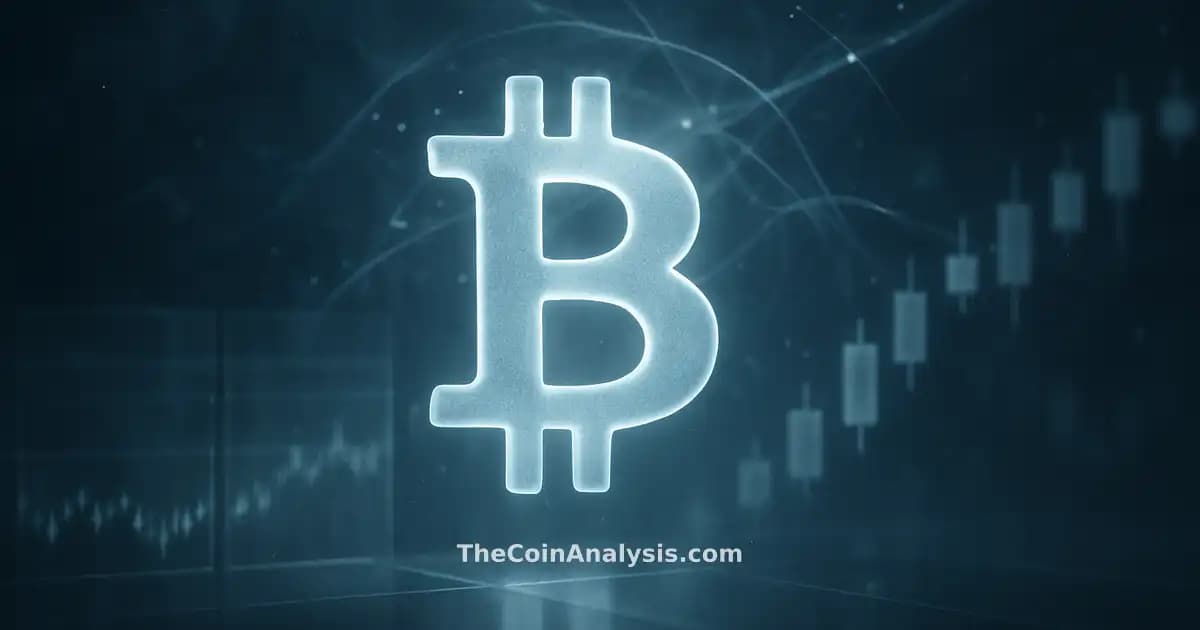 Stylized glowing Bitcoin symbol amid frosted glass ticker panels and translucent candlestick charts with smoky light particles