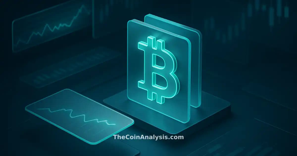 Isometric digital illustration of a stylized Bitcoin symbol amid frosted glass panels and holographic trading charts