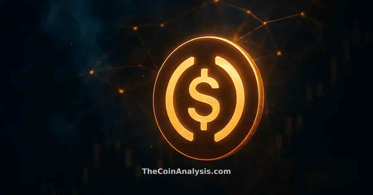 Luminous stylized USD Coin token with glowing network filaments and faint market candle silhouettes on dark background