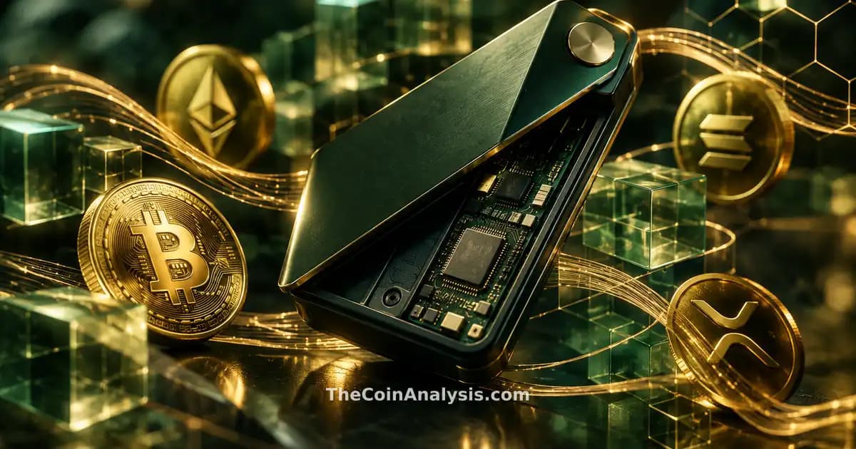 Stylized open hardware crypto wallet with exposed circuits, flowing golden data ribbons, and hex grid patterns