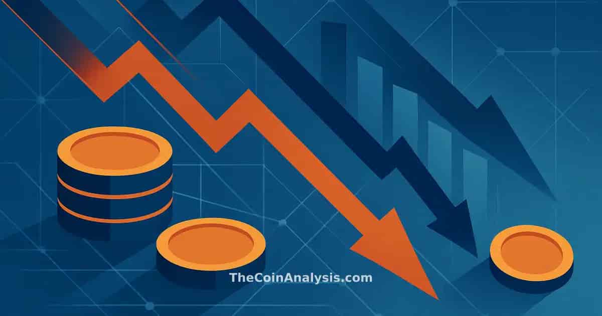 Abstract digital illustration with stylized coins, descending financial charts, and interconnected network lines.