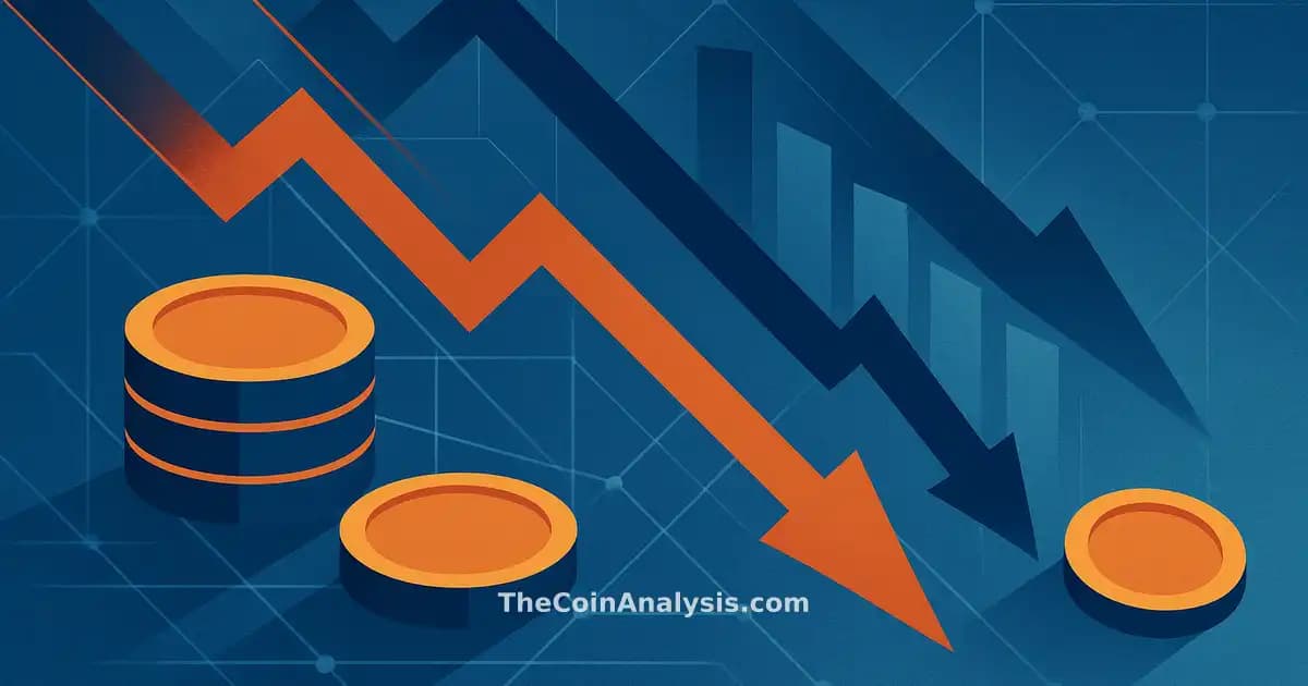 Abstract digital illustration with stylized coins, descending financial charts, and interconnected network lines.