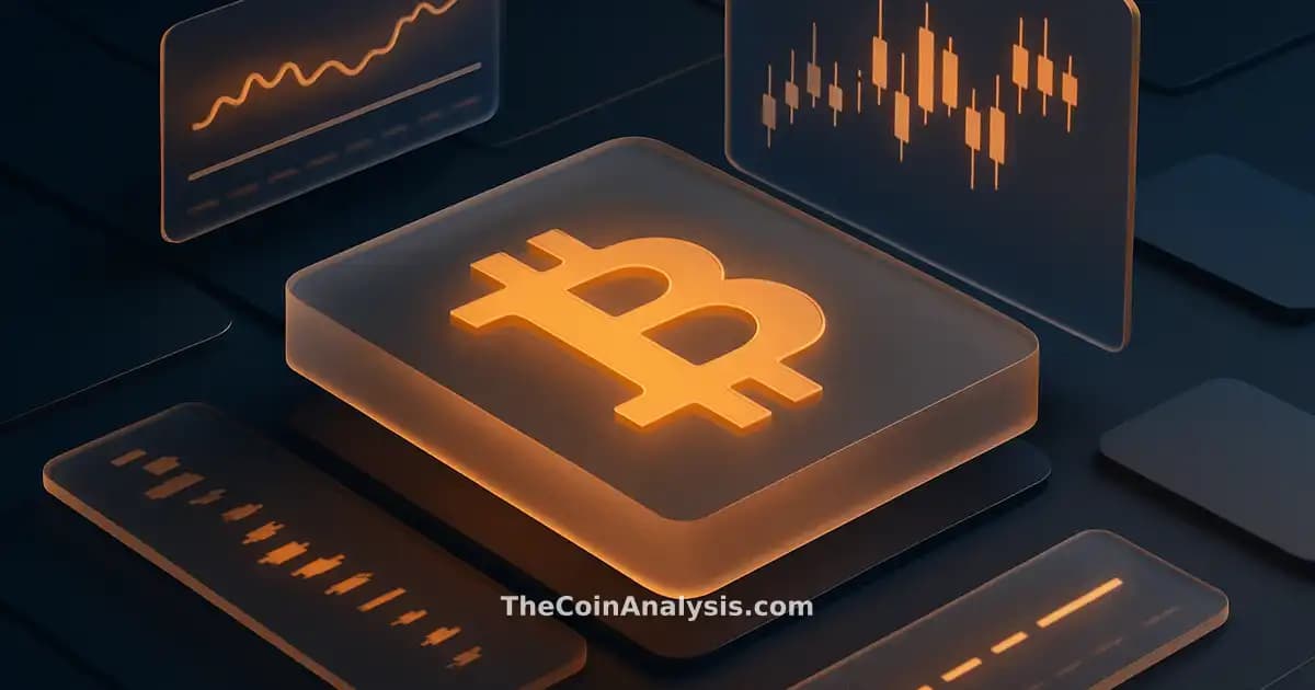 Stylized Bitcoin symbol at center with holographic amber accents, surrounded by frosted glass trading charts and tickers.