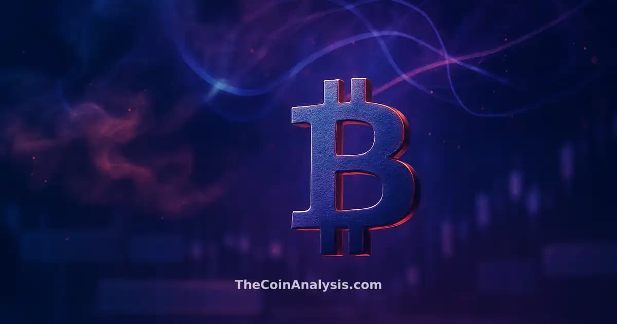 Stylized glowing Bitcoin symbol floating above abstract trading floor with candlestick charts and smoky light particles