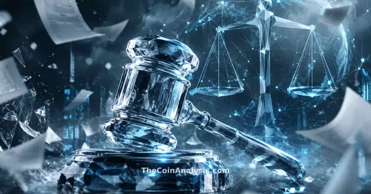 Stylized crystal gavel with abstract geometric scales, fragmented documents, and glowing network filaments in slate grey and ice blue tones