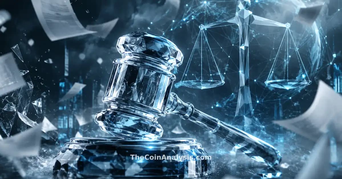 Stylized crystal gavel with abstract geometric scales, fragmented documents, and glowing network filaments in slate grey and ice blue tones