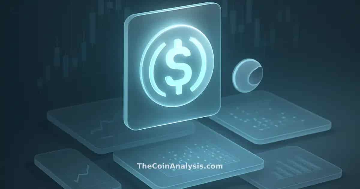 Isometric fintech dashboard with glowing frosted-glass USD Coin and arc token glyphs against icy blue market candles.