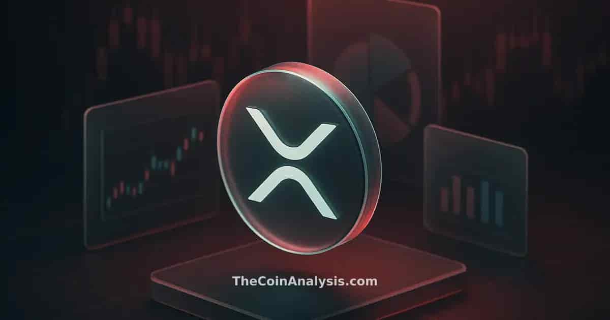 Stylized XRP token floating amid frosted-glass panels and faint candlestick charts in charcoal and crimson tones