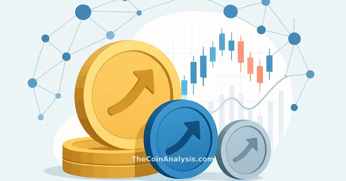 Abstract infographic with digital coins, stock market charts, and interconnected network nodes symbolizing tokenized stocks.