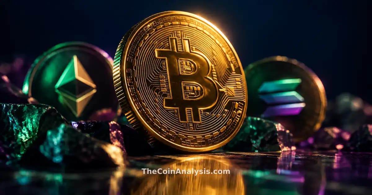 Glossy 3D golden Bitcoin coin with sharp rim light against dark navy backdrop with emerald and plum reflections