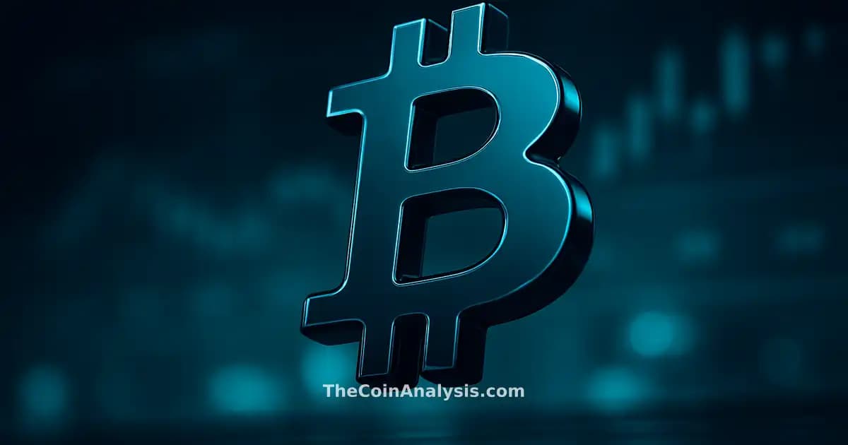 Glossy 3D Bitcoin symbol illuminated by sharp teal rim light against dark abstract trading floor with frosted tickers.