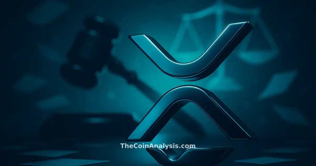 3D glossy XRP symbol illuminated by dramatic teal and navy lighting with abstract gavel and scales in background
