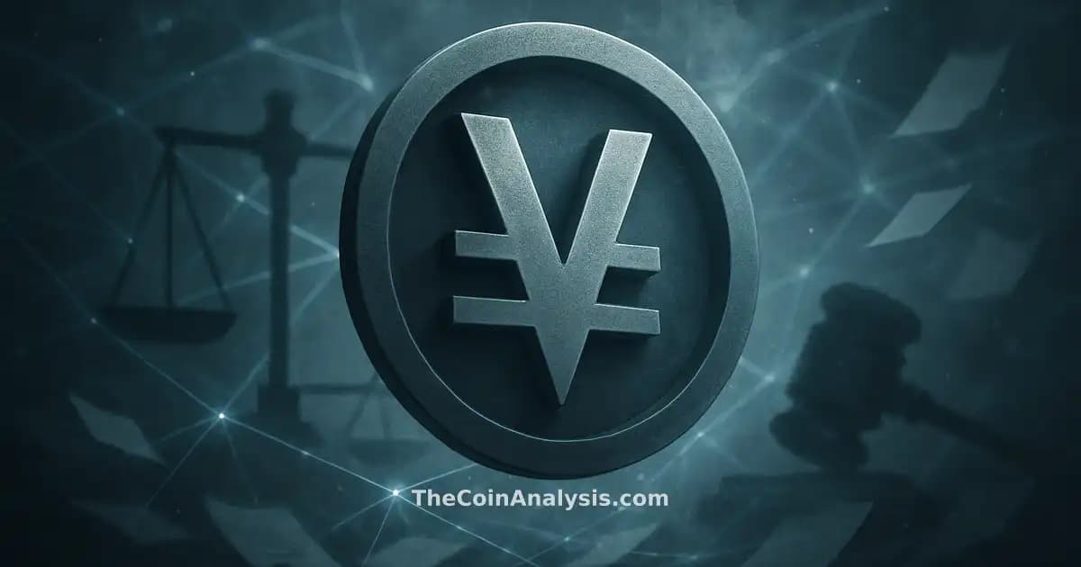 Stylized virtual currency symbol with abstract gavel, geometric scales, and swirling fragmented documents in smoky light