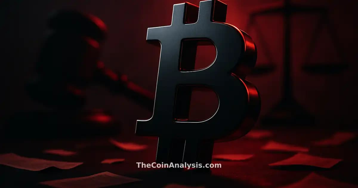 3D glossy Bitcoin symbol illuminated by dramatic low-angle light with abstract gavel and justice scales in background
