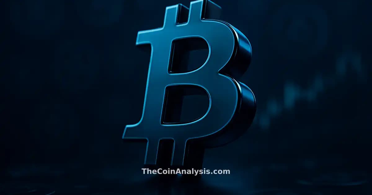 3D glossy Bitcoin symbol illuminated by sharp rim light, surrounded by abstract token glyphs and glowing market candles