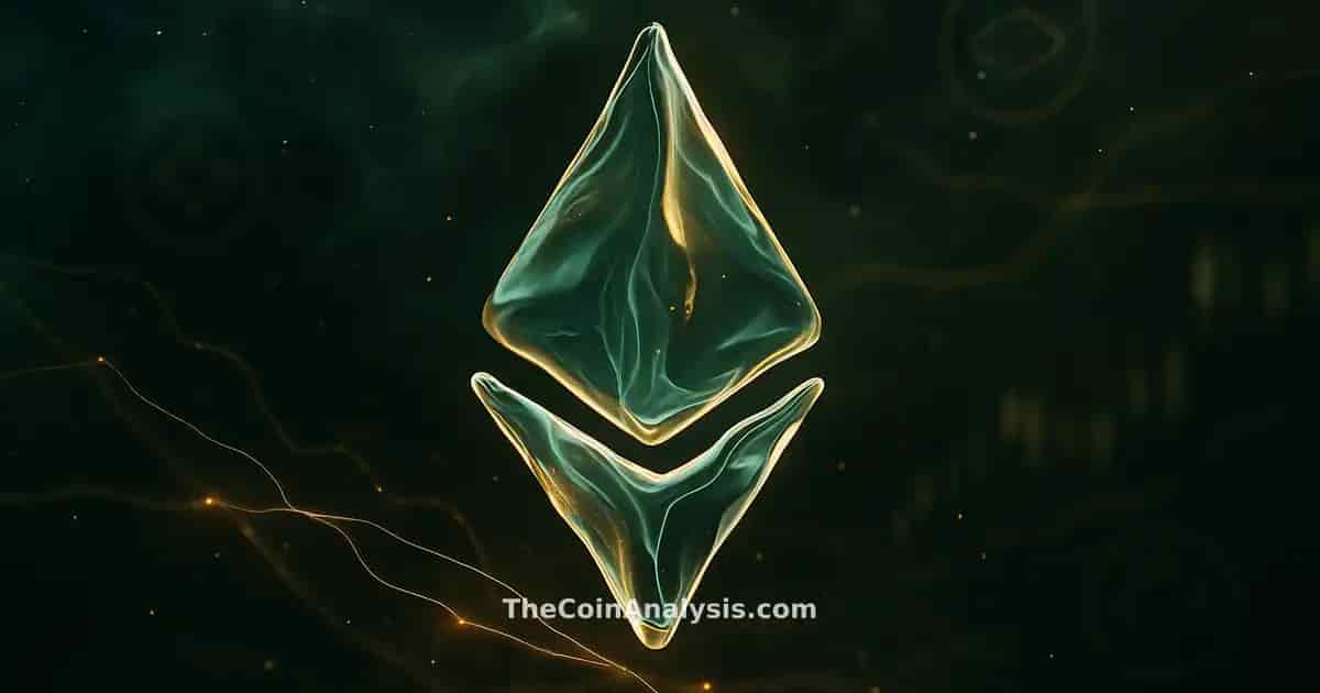 Stylized liquid Ethereum symbol glowing amid abstract token glyphs and faint market candles in green and gold tones