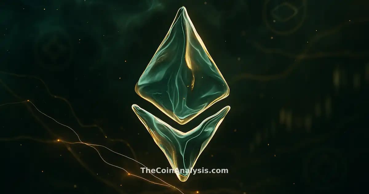 Stylized liquid Ethereum symbol glowing amid abstract token glyphs and faint market candles in green and gold tones