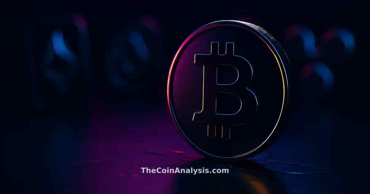 Glossy 3D Bitcoin coin with golden rim light on deep navy surface, sharp shadows and fractured reflections.
