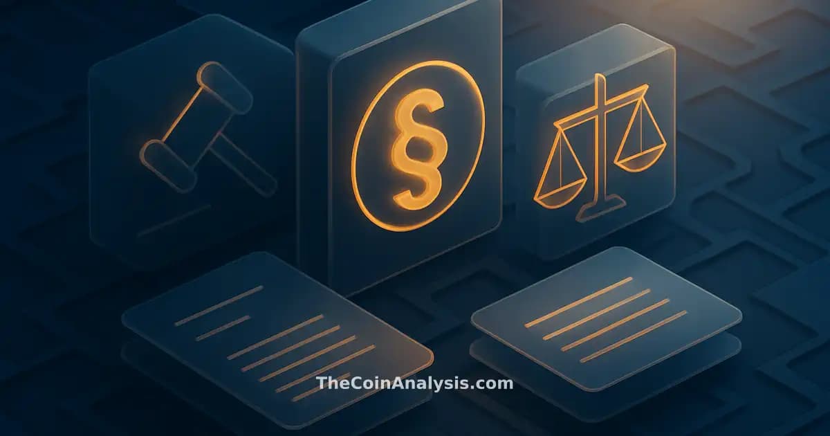 Isometric fintech dashboard with holographic $IP symbol, abstract gavel, scales of justice, and layered document panels.