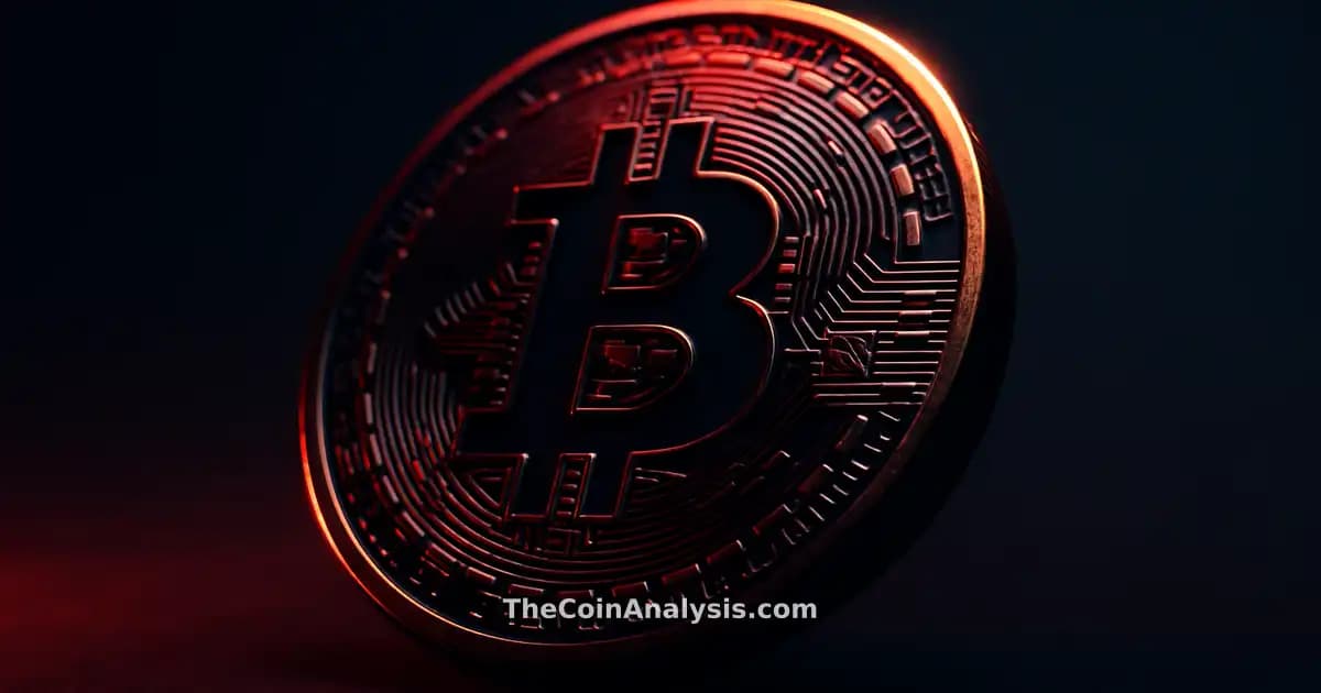 3D glossy Bitcoin coin with golden rim light against deep navy background, illuminated by dramatic low-angle lighting