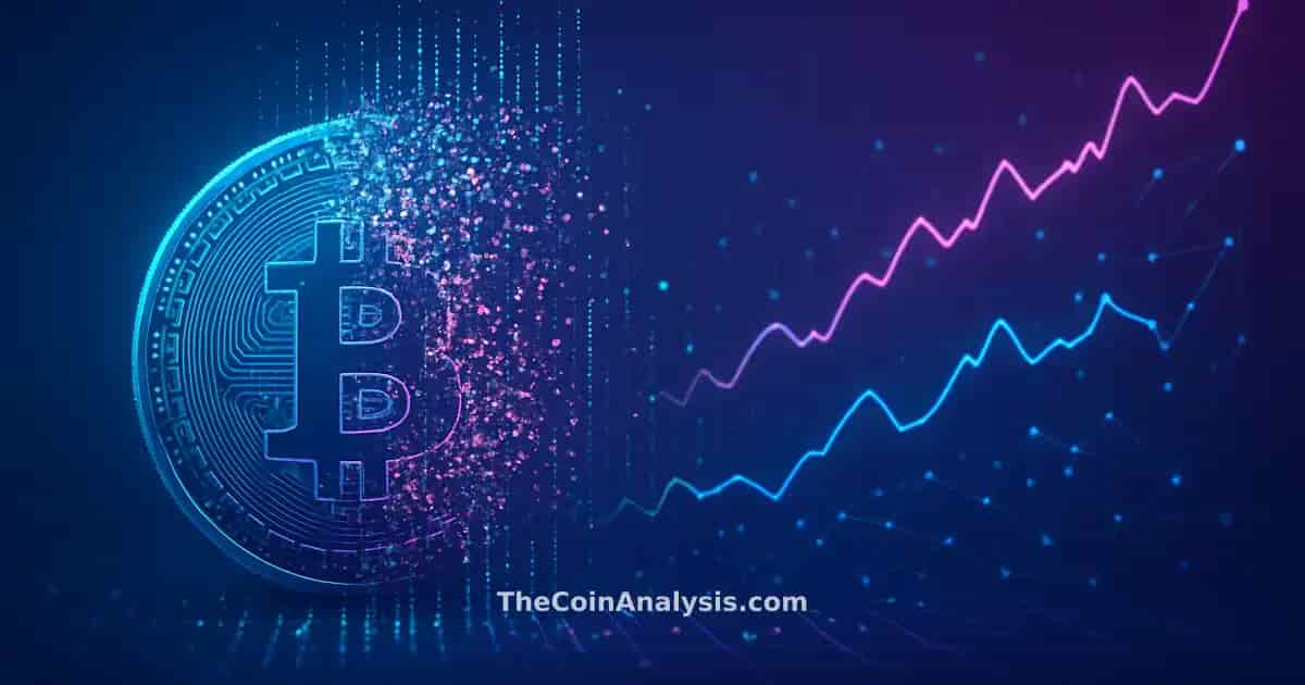 Abstract Bitcoin coin dissolving into data streams and glowing network nodes on a blue-purple tech gradient background