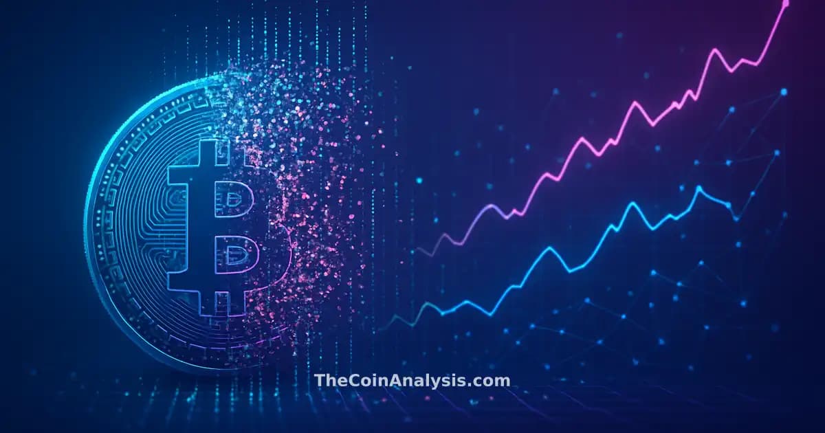 Abstract Bitcoin coin dissolving into data streams and glowing network nodes on a blue-purple tech gradient background