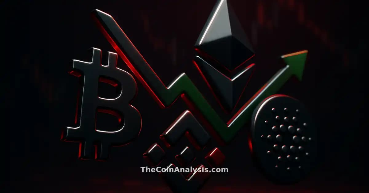 Four glossy 3D crypto tokens with green upward and red downward arrows on a dark, cinematic background
