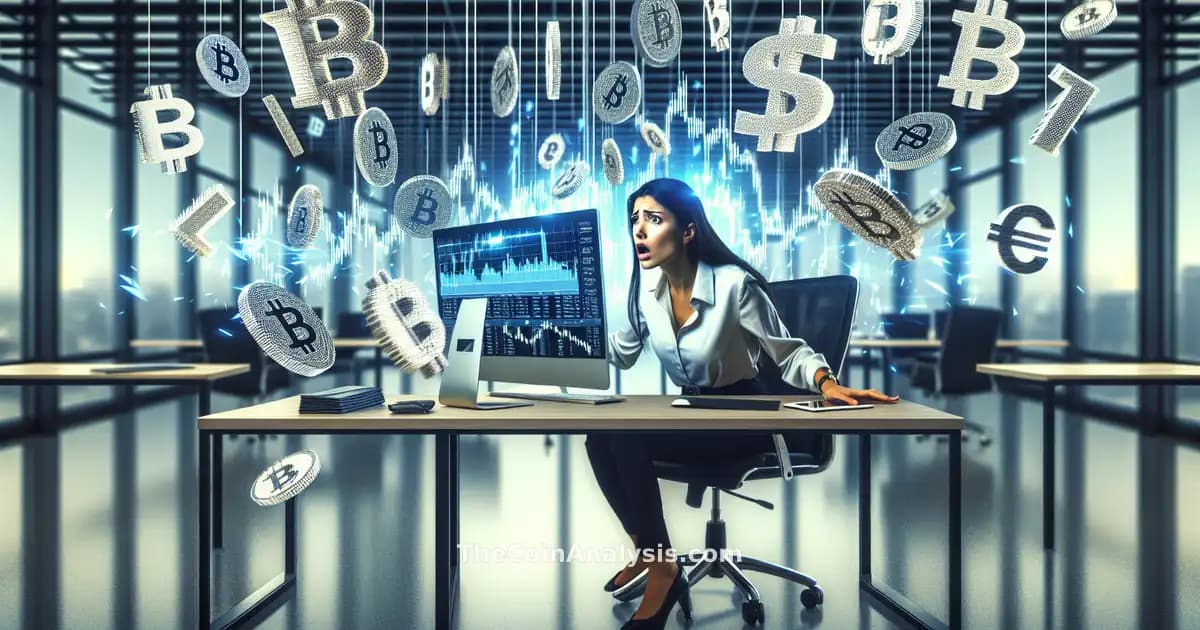 Worried trader in modern office watching declining stablecoin price charts with falling cryptocurrency symbols.