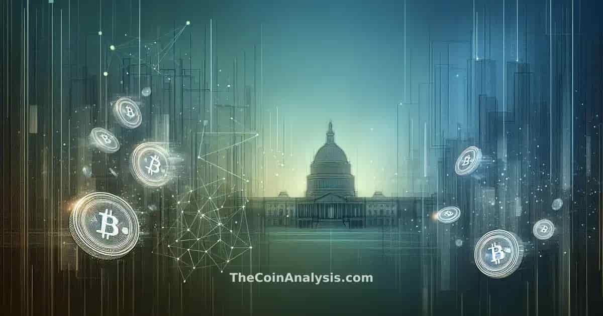 Abstract digital coins overlay a gradient tech background with a faint US Capitol silhouette symbolizing finance.