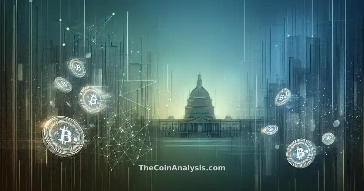 Abstract digital coins overlay a gradient tech background with a faint US Capitol silhouette symbolizing finance.